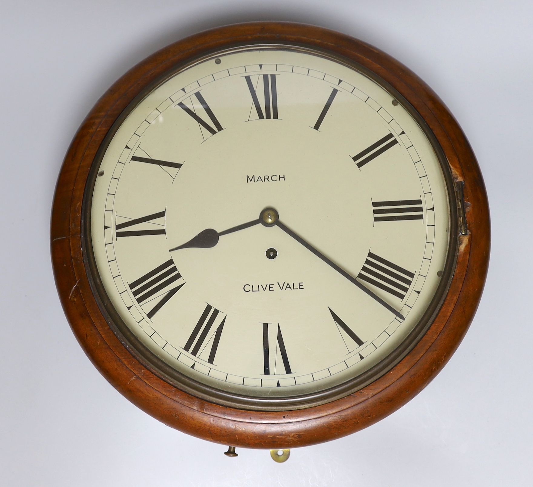 A Victorian mahogany circular dial eight day single fusee wall timepiece, by March of Clive Vale, Hastings, 39cm in diameter